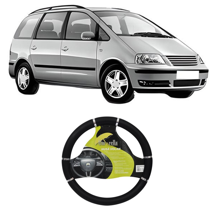 Husa Volan Auto Pentru Volkswagen Sharan (7M8, 7M9, 7M6) Din 1995-2010, Piele Ecologica, Dimensiune 37-39 cm, Umbrella, Culoare Negru