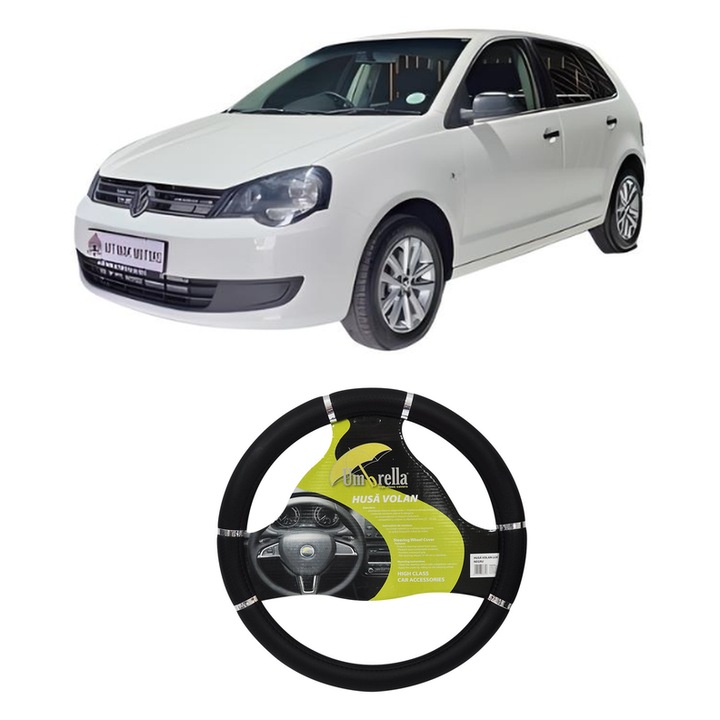 Husa Volan Auto Pentru Volkswagen Polo Vivo Hatchback (6S1, 6S3) Din 2010-2019, Piele Ecologica, Dimensiune 37-39 cm, Umbrella, Culoare Negru