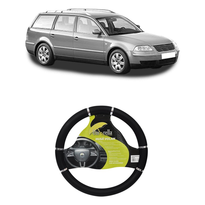 Husa Volan Auto Pentru Volkswagen Passat B5.5 Variant (3B6) Din 2000-2005, Piele Ecologica, Dimensiune 37-39 cm, Umbrella, Culoare Negru