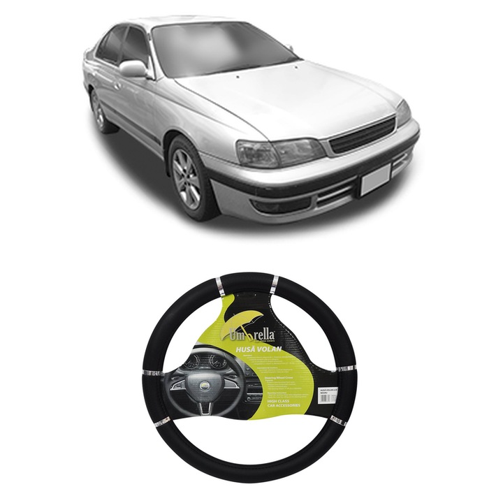 Husa Volan Auto Pentru Toyota Corona Hatchback (_T19_) Din 1992-1996, Piele Ecologica, Dimensiune 37-39 cm, Umbrella, Culoare Negru