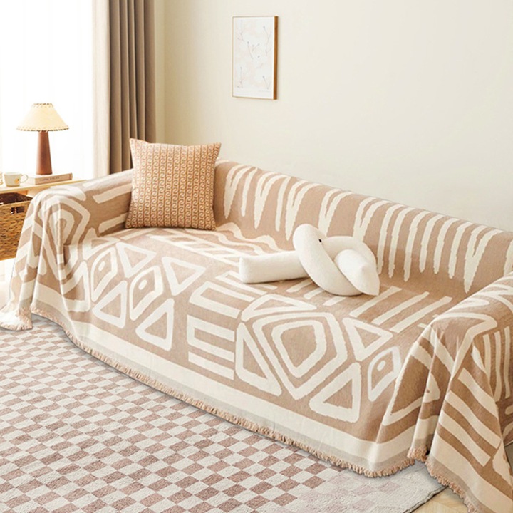 Husa de canapea Tressino, 180x300cm, antiderapanta, prietenoasa cu pielea, kaki/alb