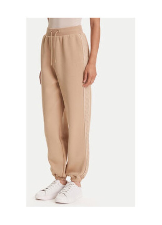 Pantaloni de trening de cu benzi logo laterale, talie cu snur si mansete elastice, Bej nisip