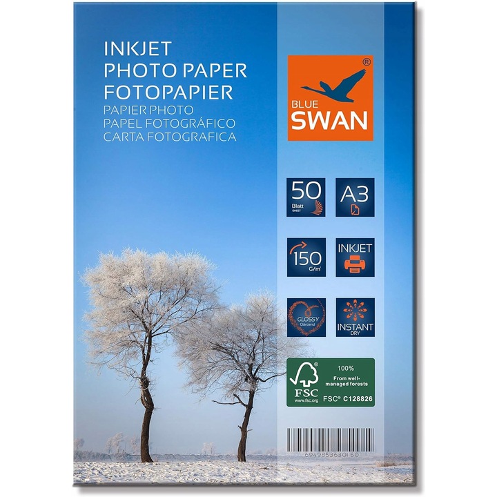 Set Hartie Foto Lucioasa A3, Blue Swan, Gramaj: 150 G/M², Tip: Lucios, Rezistent la apa, Coli: 50, 297x420 mm, 50 Buc