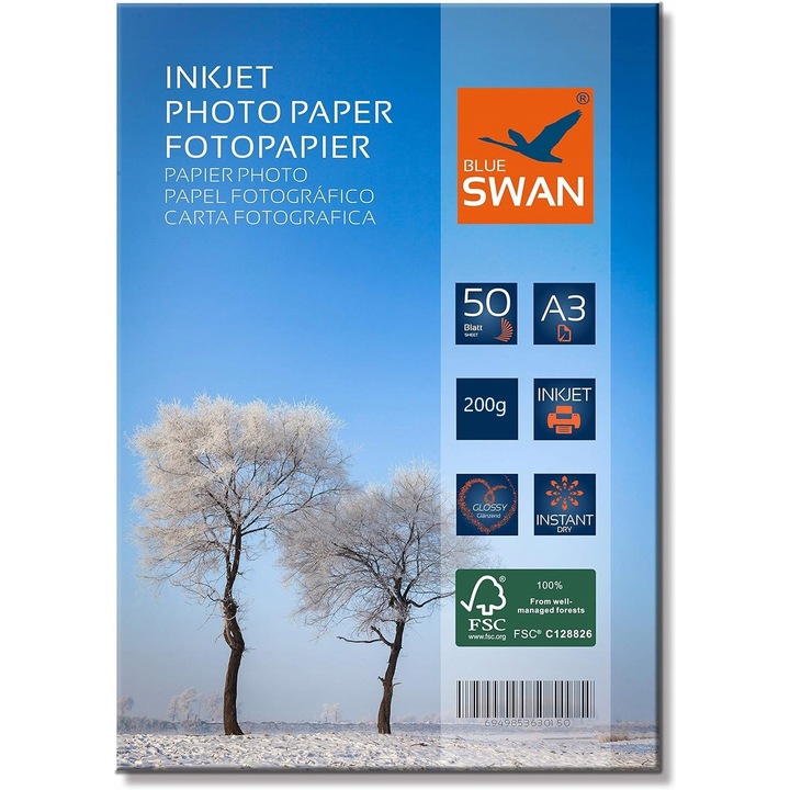 Set Hartie Foto Lucioasa A3 200g Blue Swan, Rezistenta la apa, 50 Coli, 297x420 mm