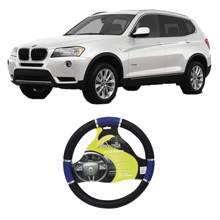 Husa Volan Auto Pentru Bmw X3 (F25) Din 2010-2017, Piele Ecologica, Dimensiune 37-39 cm, Umbrella, Culoare Albastru