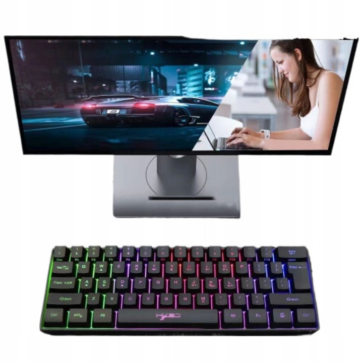 Mini tastatură gaming 61 taste, iluminare RGB, compactă, neagră, 29x10x3, 7cm, cablu inclus