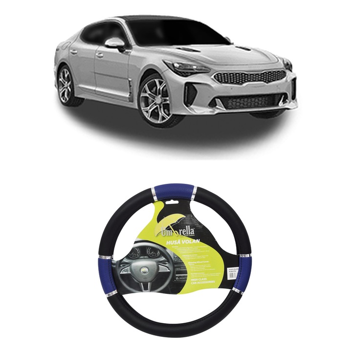 Husa Volan Auto Pentru Kia Stinger Hatchback Van (Ck) Din 2018, Piele Ecologica, Dimensiune 37-39 cm, Umbrella, Culoare Albastru