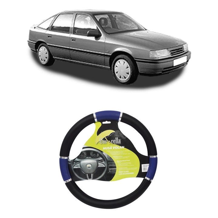 Husa Volan Auto Pentru Opel Vectra A Hatchback (J89) Din 1988-1995, Piele Ecologica, Dimensiune 37-39 cm, Umbrella, Culoare Albastru