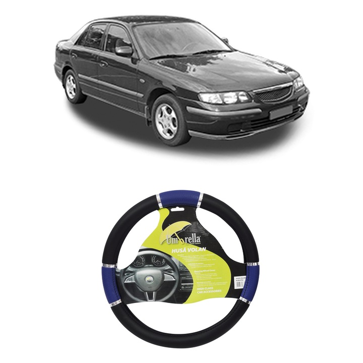 Husa Volan Auto Pentru Mazda 626 V Hatchback (Gf) Din 1997-2002, Piele Ecologica, Dimensiune 37-39 cm, Umbrella, Culoare Albastru