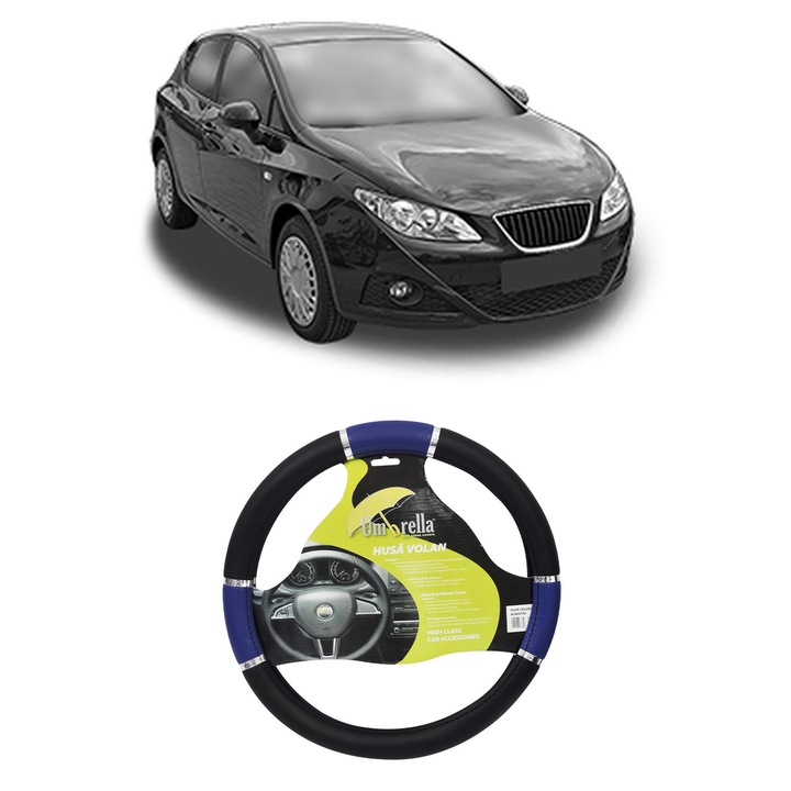 Husa Volan Auto Pentru Seat Ibiza Iv Hatchback Van (6J1) Din 2008-2015, Piele Ecologica, Dimensiune 37-39 cm, Umbrella, Culoare Albastru