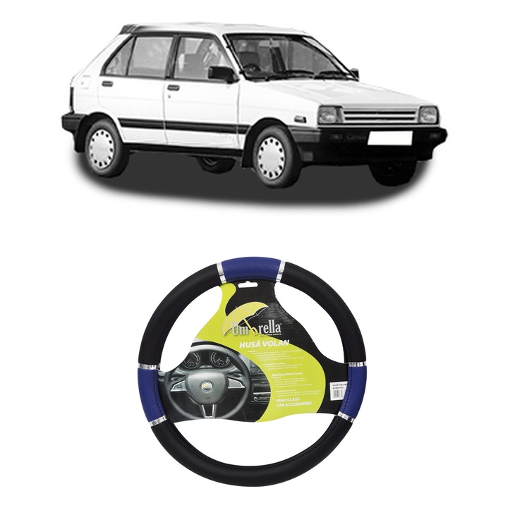 Husa Volan Auto Pentru Subaru Justy I (Kad) Din 1984-1996, Piele Ecologica, Dimensiune 37-39 cm, Umbrella, Culoare Albastru