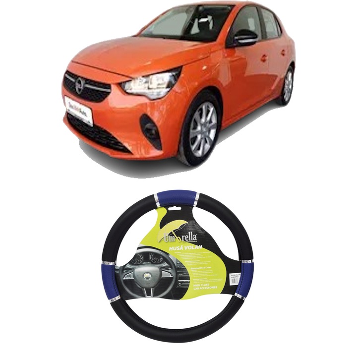 Husa Volan Auto Pentru Opel Corsa F (P2Jo) Din 2019, Piele Ecologica, Dimensiune 37-39 cm, Umbrella, Culoare Albastru