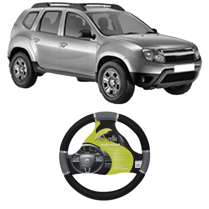 Husa Volan Auto Pentru Dacia Duster (Hs_) Din 2010-2018, Piele Ecologica, Dimensiune 37-39 cm, Umbrella, Culoare Gri