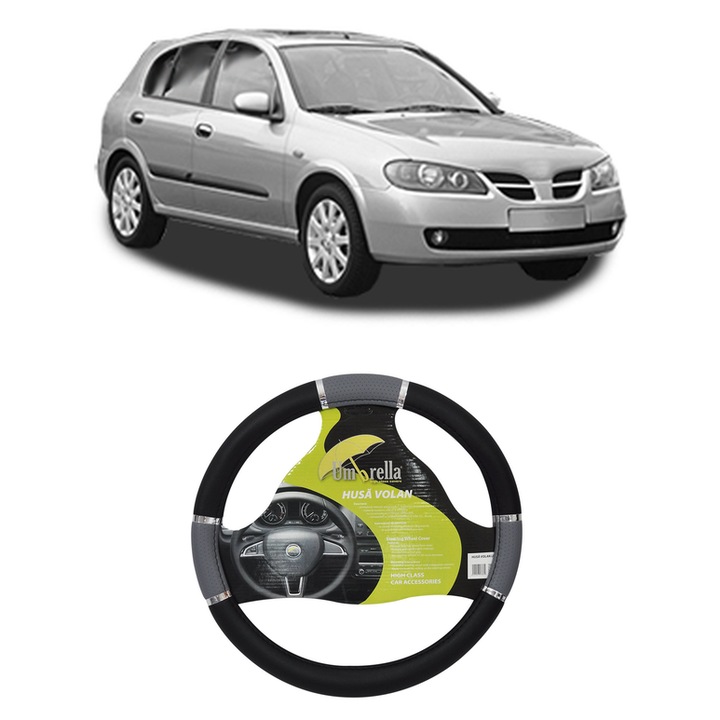 Husa Volan Auto Pentru Nissan Almera Ii Hatchback (N16) Din 2000-2006, Piele Ecologica, Dimensiune 37-39 cm, Umbrella, Culoare Gri