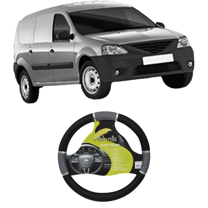 Husa Volan Auto Pentru Dacia Logan Express (Fs_) Din 2007-2012, Piele Ecologica, Dimensiune 37-39 cm, Umbrella, Culoare Gri