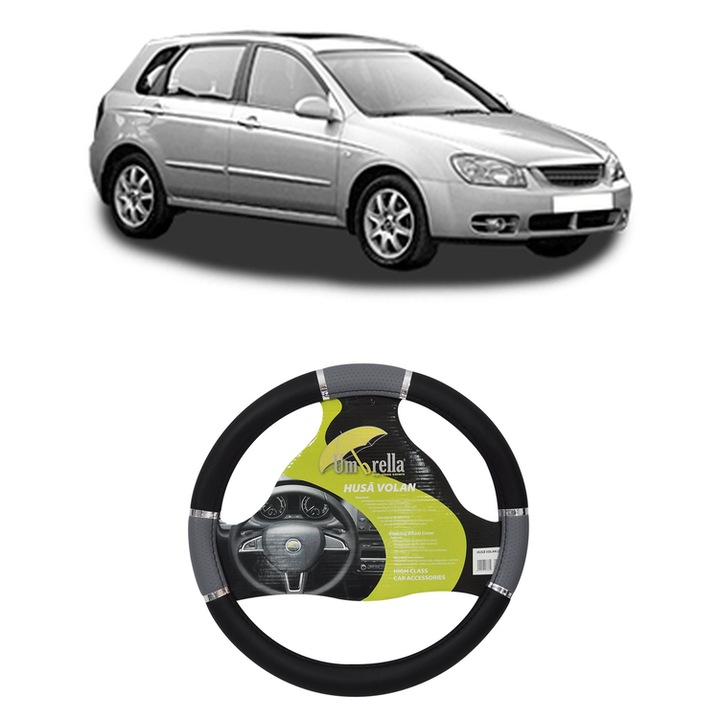 Husa Volan Auto Pentru Kia Cerato I Hatchback (Ld) Din 2004-2009, Piele Ecologica, Dimensiune 37-39 cm, Umbrella, Culoare Gri