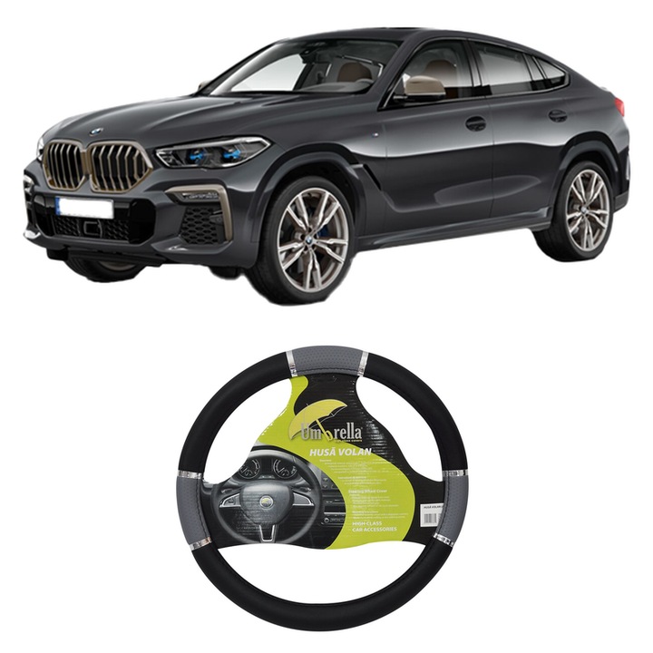 Husa Volan Auto Pentru Bmw X6 (G06, F96) Din 2019-2023, Piele Ecologica, Dimensiune 37-39 cm, Umbrella, Culoare Gri