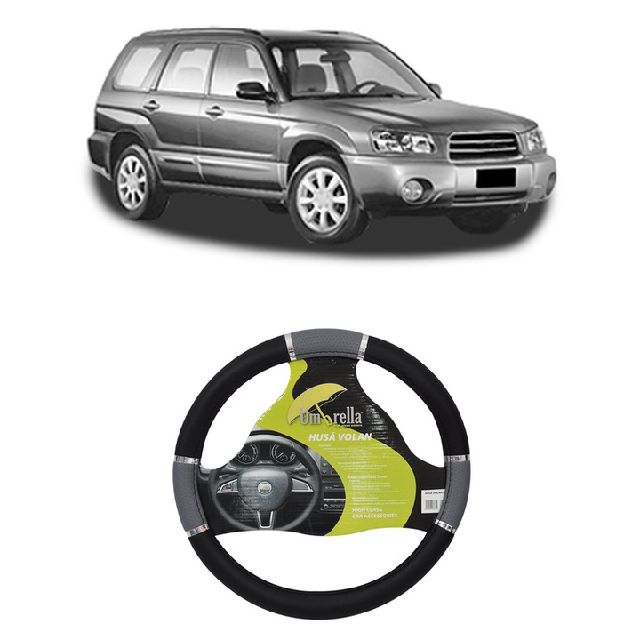 Husa Volan Auto Pentru Subaru Forester (Sg_) Din 2002-2008, Piele Ecologica, Dimensiune 37-39 cm, Umbrella, Culoare Gri