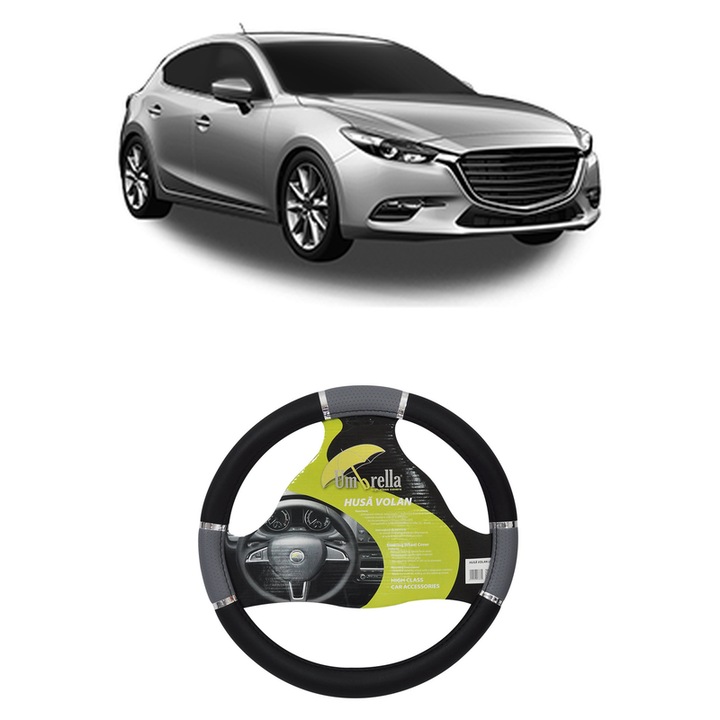 Husa Volan Auto Pentru Mazda 3 Hatchback Van (Bm) Din 2015-2016, Piele Ecologica, Dimensiune 37-39 cm, Umbrella, Culoare Gri