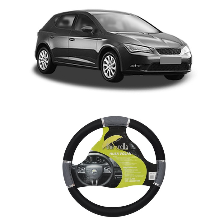 Husa Volan Auto Pentru Seat Leon Hatchback Van (5F1) Din 2017-2018, Piele Ecologica, Dimensiune 37-39 cm, Umbrella, Culoare Gri