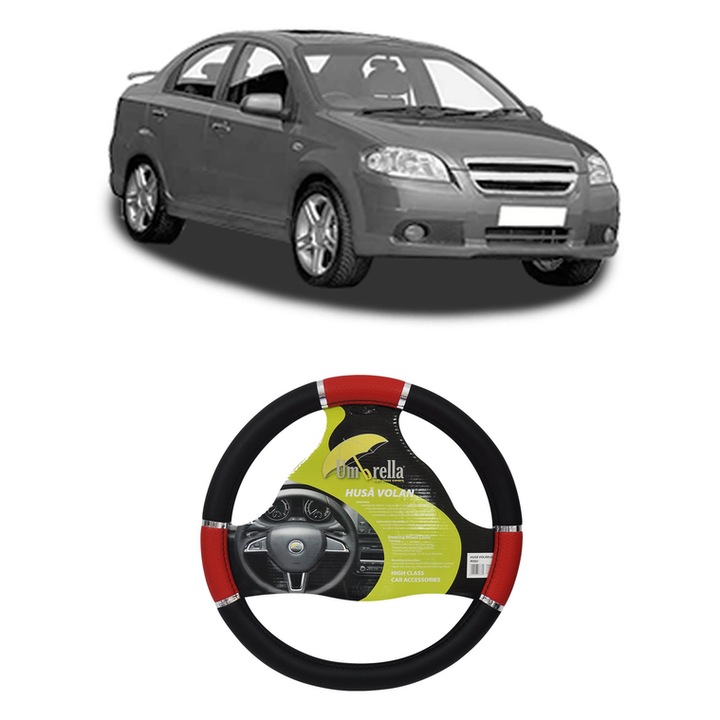 Husa Volan Auto Pentru Chevrolet Aveo / Kalos Hatchback (T250, T255) Din 2006-2012, Piele Ecologica, Dimensiune 37-39 cm, Umbrella, Culoare Rosu