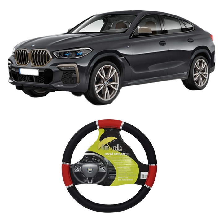 Husa Volan Auto Pentru Bmw X6 (G06, F96) Din 2019-2023, Piele Ecologica, Dimensiune 37-39 cm, Umbrella, Culoare Rosu