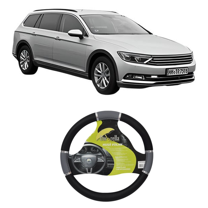 Husa Volan Auto Pentru Volkswagen Passat Alltrack B8 Variant (3G5, Cb5) Din 2015-2024, Piele Ecologica, Dimensiune 37-39 cm, Umbrella, Culoare Gri