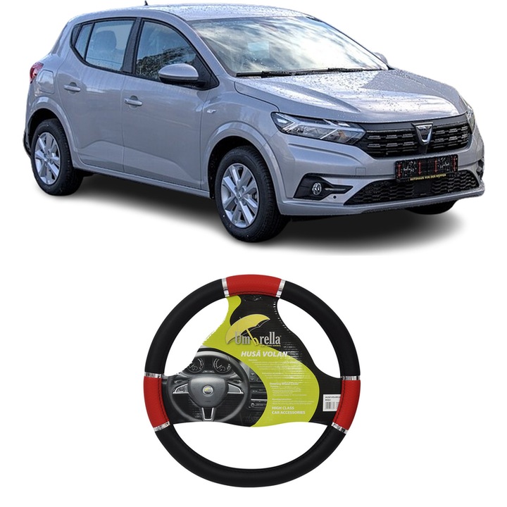 Husa Volan Auto Pentru Dacia Sandero Iii Din 2021, Piele Ecologica, Dimensiune 37-39 cm, Umbrella, Culoare Rosu