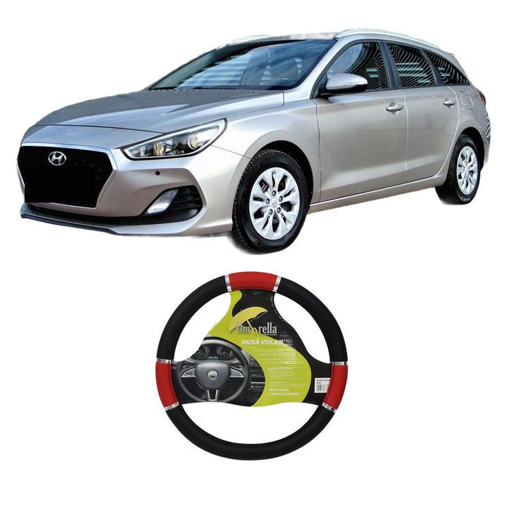 Husa Volan Auto Pentru Hyundai I30 Kombi Van (Gde, Gd) Din 2015-2017, Piele Ecologica, Dimensiune 37-39 cm, Umbrella, Culoare Rosu