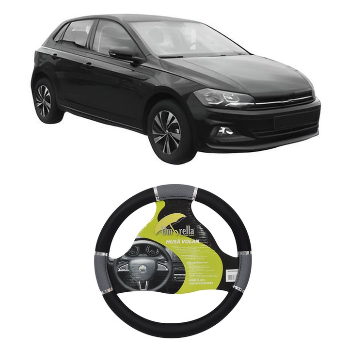 Husa Volan Auto Pentru Volkswagen Polo Vi (Aw1, Bz1, Ae1) Din 2017-2021, Piele Ecologica, Dimensiune 37-39 cm, Umbrella, Culoare Gri