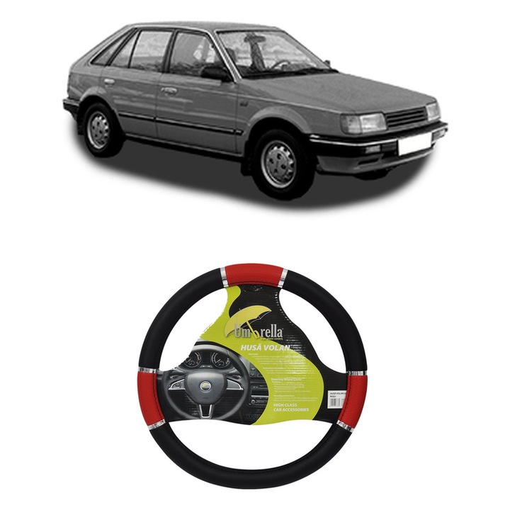 Husa Volan Auto Pentru Mazda 323 Iii Hatchback (Bf) Din 1985-1993, Piele Ecologica, Dimensiune 37-39 cm, Umbrella, Culoare Rosu