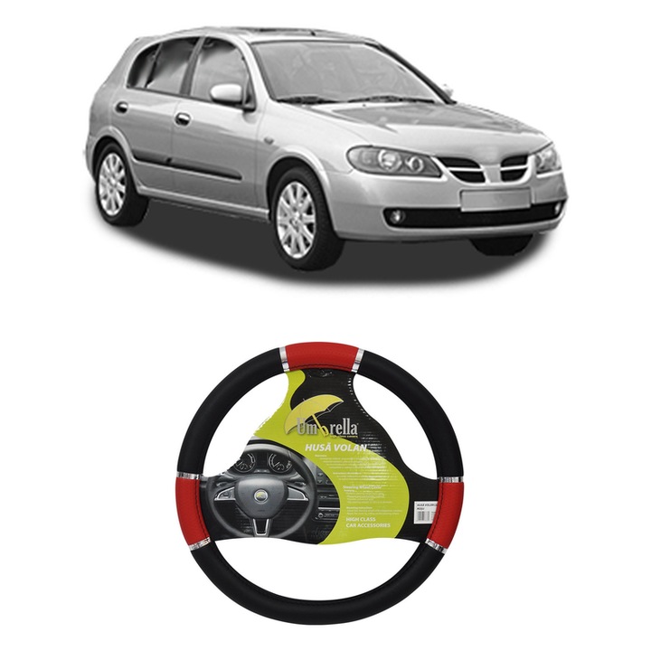Husa Volan Auto Pentru Nissan Almera Ii Hatchback (N16) Din 2000-2006, Piele Ecologica, Dimensiune 37-39 cm, Umbrella, Culoare Rosu