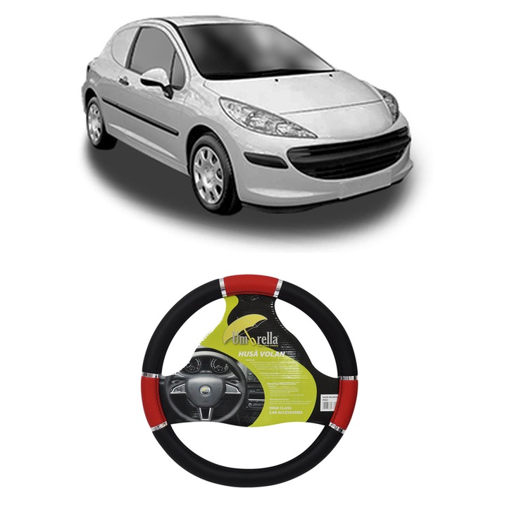 Husa Volan Auto Pentru Peugeot 207 Hatchback Van (Wa_, Wc_) Din 2007-2012, Piele Ecologica, Dimensiune 37-39 cm, Umbrella, Culoare Rosu