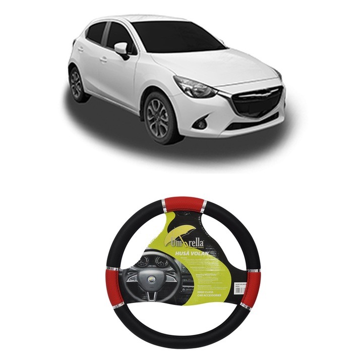 Husa Volan Auto Pentru Mazda 2 Hatchback (Dl, Dj) Din 2014, Piele Ecologica, Dimensiune 37-39 cm, Umbrella, Culoare Rosu
