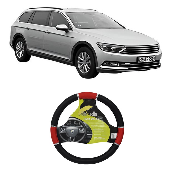 Husa Volan Auto Pentru Volkswagen Passat Alltrack B8 Variant (3G5, Cb5) Din 2015-2024, Piele Ecologica, Dimensiune 37-39 cm, Umbrella, Culoare Rosu