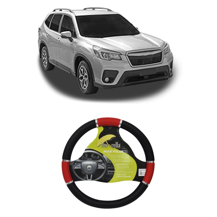 Husa Volan Auto Pentru Subaru Forester (Sk_) Din 2018, Piele Ecologica, Dimensiune 37-39 cm, Umbrella, Culoare Rosu