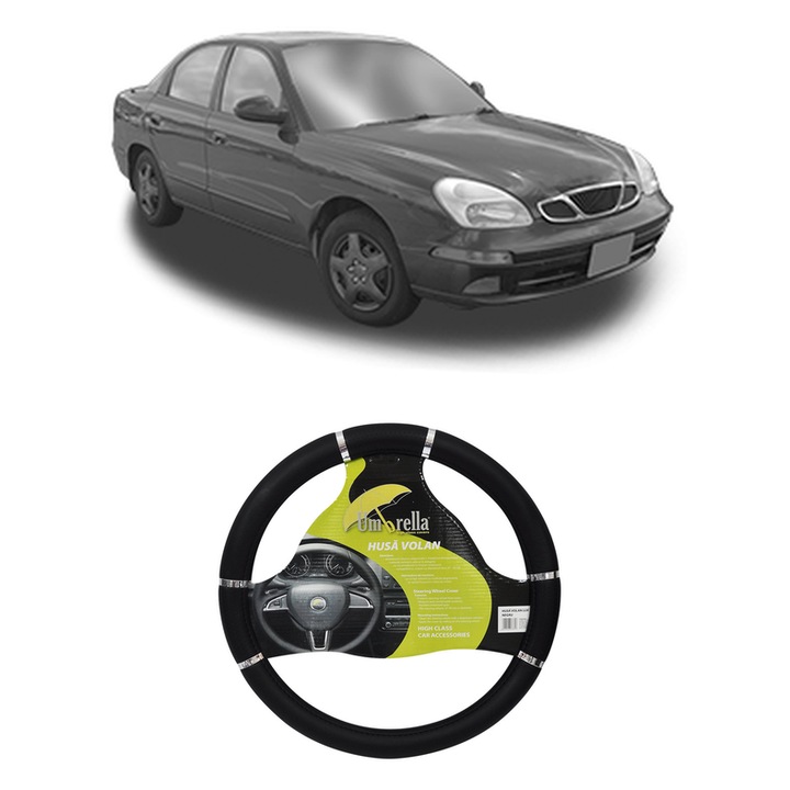 Husa Volan Auto Pentru Daewoo Nubira Saloon (J150) Din 1999-2002, Piele Ecologica, Dimensiune 37-39 cm, Umbrella, Culoare Negru