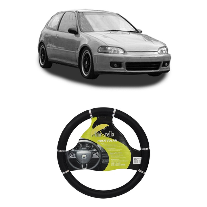 Husa Volan Auto Pentru Honda Civic V Hatchback (Eg, Eh) Din 1991-1995, Piele Ecologica, Dimensiune 37-39 cm, Umbrella, Culoare Negru