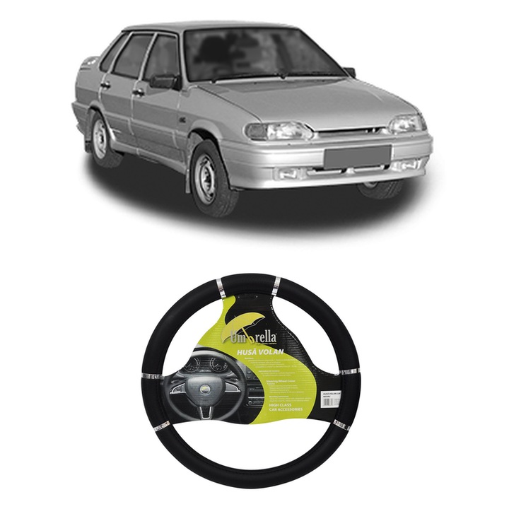 Husa Volan Auto Pentru Lada Samara Hatchback (2113, 2114) Din 2003-2013, Piele Ecologica, Dimensiune 37-39 cm, Umbrella, Culoare Negru