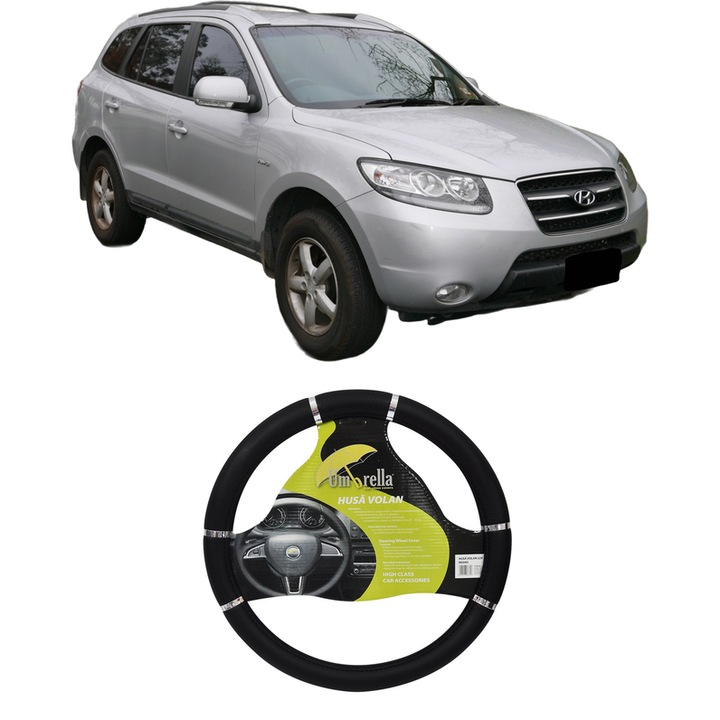 Husa Volan Auto Pentru Hyundai Santa Fé Ii (Cm) Din 2006-2012, Piele Ecologica, Dimensiune 37-39 cm, Umbrella, Culoare Negru