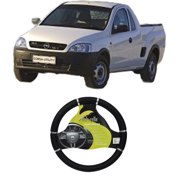 Husa Volan Auto Pentru Opel Corsa Utility C Pickup Din 2005-2010, Piele Ecologica, Dimensiune 37-39 cm, Umbrella, Culoare Negru