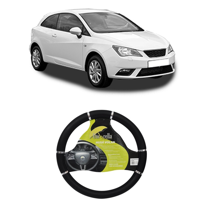 Husa Volan Auto Pentru Seat Ibiza Iv Sc (6J1, 6P5) Din 2008-2016, Piele Ecologica, Dimensiune 37-39 cm, Umbrella, Culoare Negru