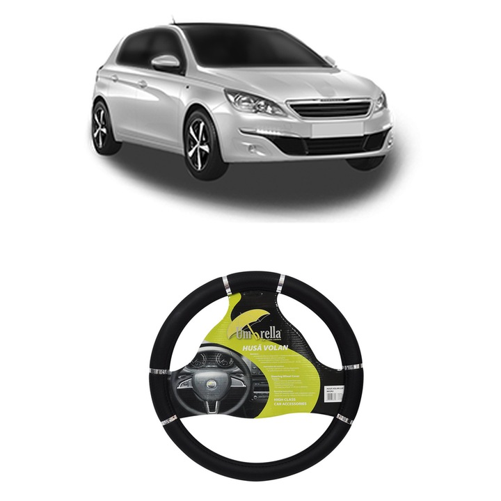 Husa Volan Auto Pentru Peugeot 308 Hatchback Van (Lb_) Din 2015-2021, Piele Ecologica, Dimensiune 37-39 cm, Umbrella, Culoare Negru