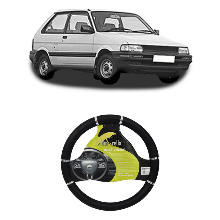 Husa Volan Auto Pentru Subaru Justy Ii (Jma, Ms) Din 1995-2003, Piele Ecologica, Dimensiune 37-39 cm, Umbrella, Culoare Negru