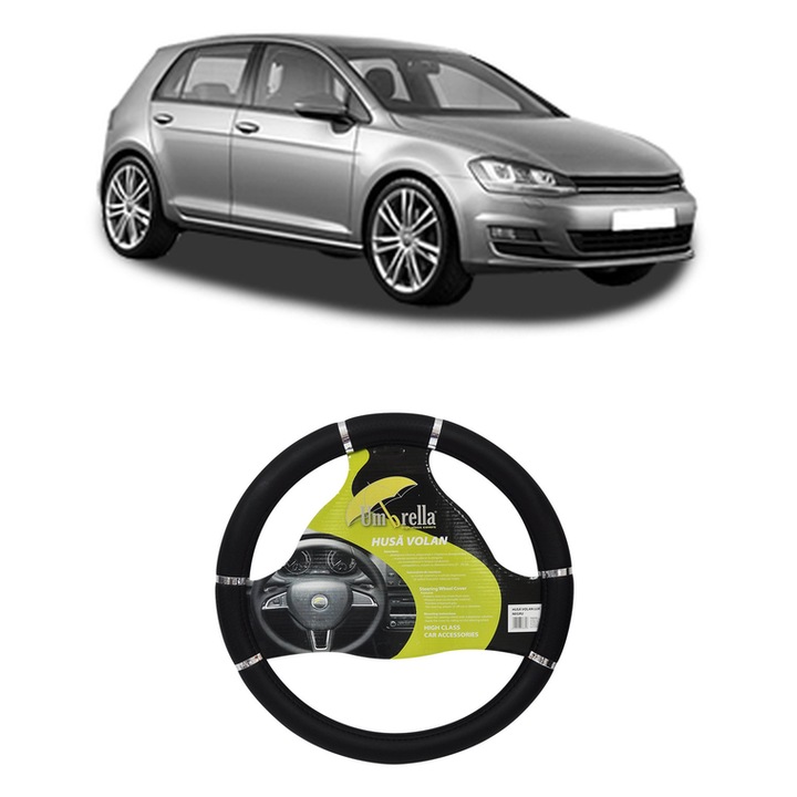 Husa Volan Auto Pentru Volkswagen Golf Vii (5G1, Bq1, Be1, Be2) Din 2012-2021, Piele Ecologica, Dimensiune 37-39 cm, Umbrella, Culoare Negru