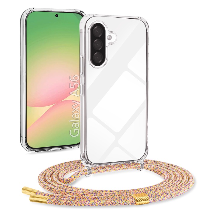 Husa pentru Samsung Galaxy A56, cu snur reglabil pentru gat, TPU, Antishock, Transparent-Multicolor