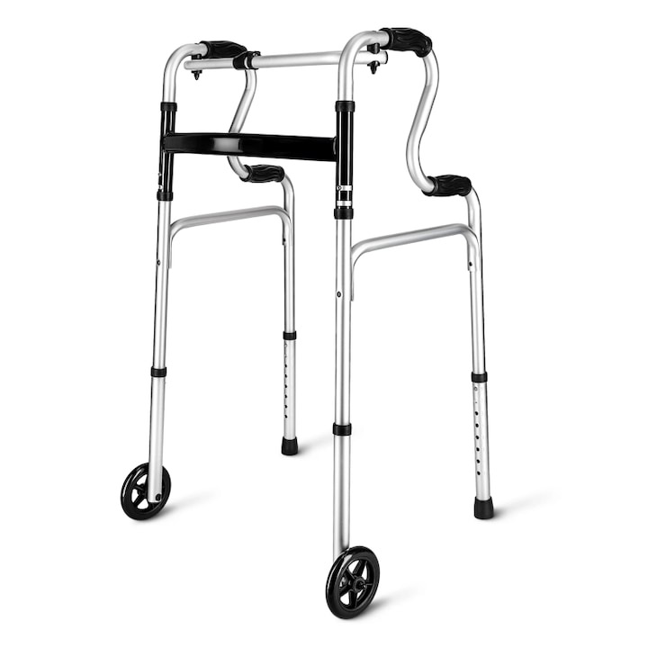 Cadru de mers, 4FIZJO, aluminiu, pliabil, 2 moduri de utilizare, fix/mergator, roti frontale 12 cm, maner ergonomic reglabil 79–97 cm, stabilitate si siguranta, suport pentru reabilitare, greutate max. 136 kg, argintiu