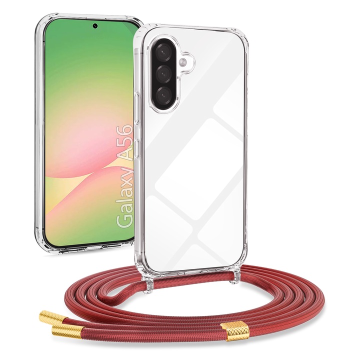 Husa pentru Samsung Galaxy A56, cu snur reglabil pentru gat, TPU, Antishock, Transparent-Rosu
