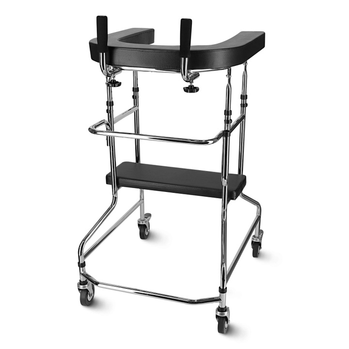 Cadru de mers tip ambona, 4FIZJO, suport pentru coate reglabil 101–124 cm, scaun integrat 56×20 cm, roti cu frane sigure, structura din otel, stabilitate si confort la mers, sprijin pentru recuperare si seniori, max. 136 kg, argintiu