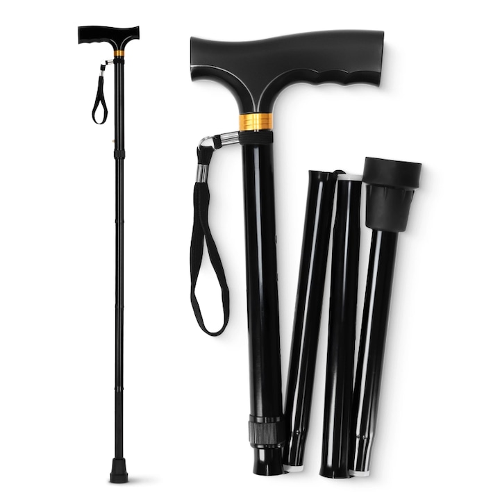 Baston pliabil pentru seniori, 4FIZJO, suport ortopedic reglabil 84–94 cm, constructie usoara din aluminiu, pliabil in 4 sectiuni, varf antiderapant, capacitate 125 kg, design compact si elegant, ideal pentru calatorii si utilizare zilnica, negru